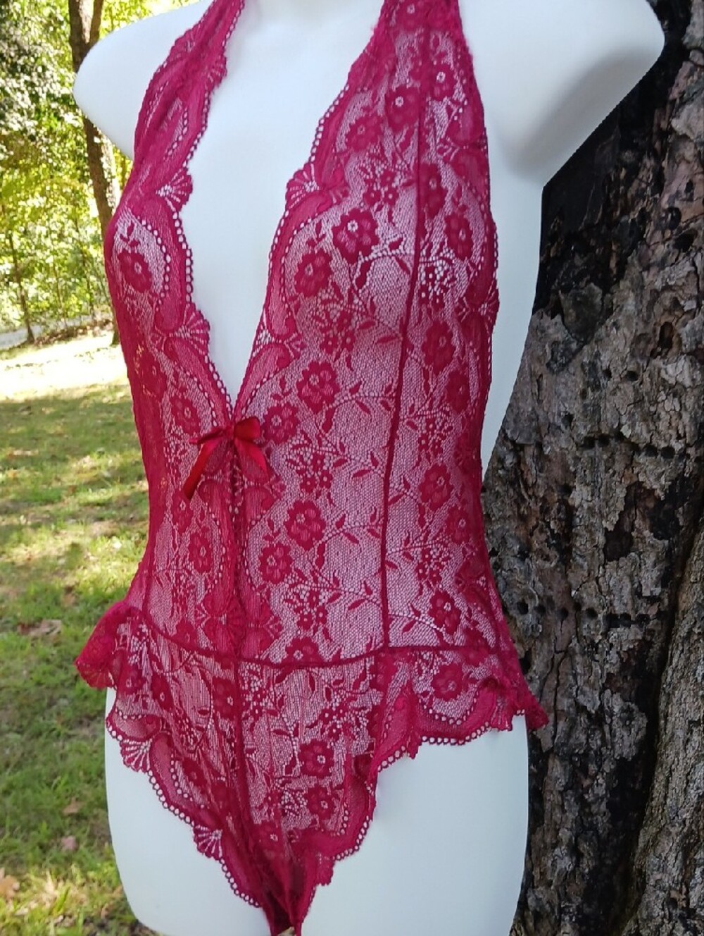 Floral Lace Halter Teddy Bodysuit - Raspberry - Picture 3 of 4